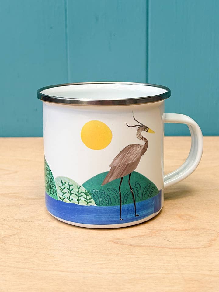 Hand-Printed Heron Enamel Camping Mug for wholesale by Siobhan Watt