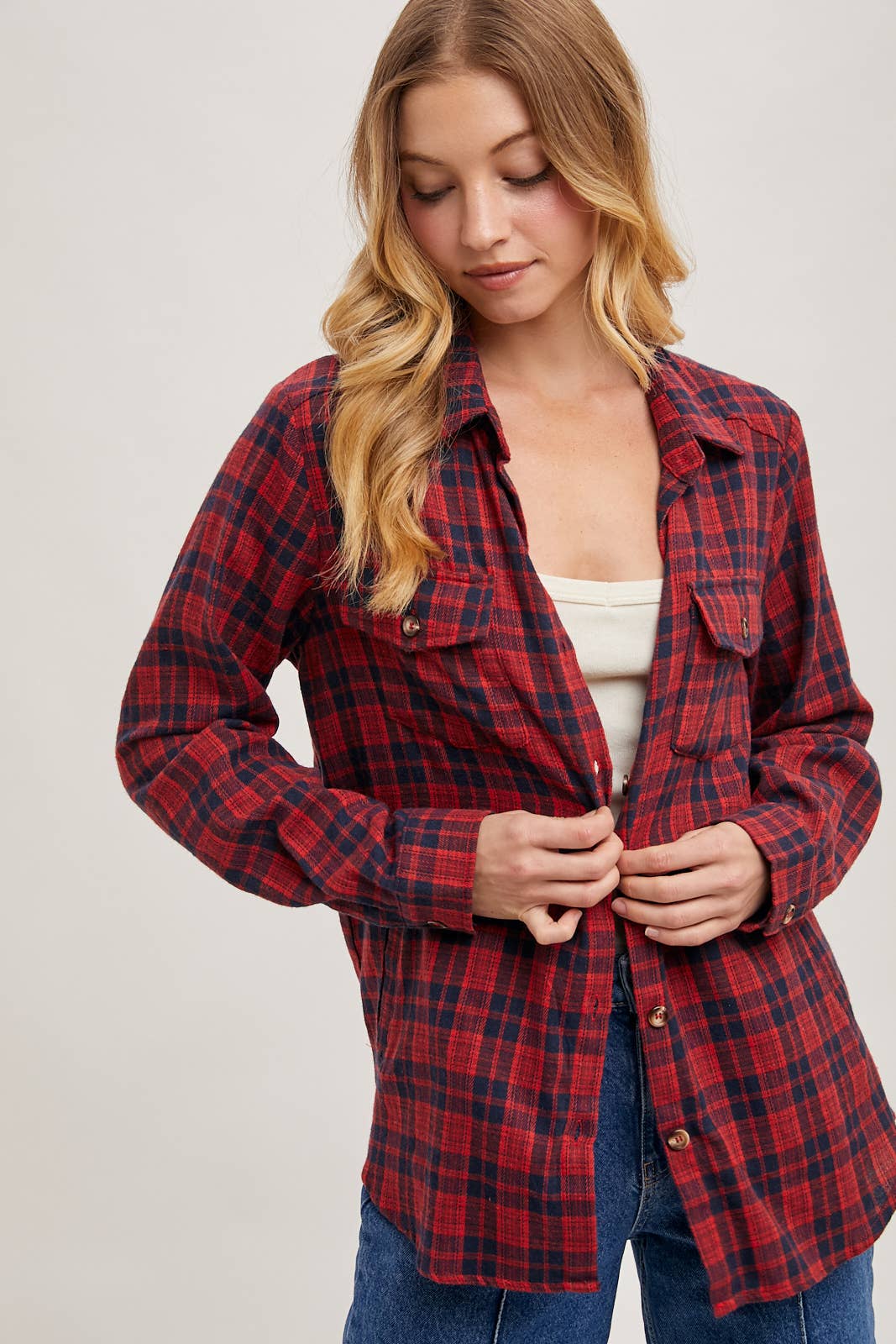 Bluivy - Wholesale Shirt - Women's - BUTTON DOWN PLAID SHIRT WITH POCKETS - 4TH OF JULY12