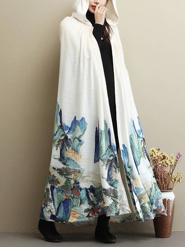 White Thickened Vintage Printed Cape Coat for wholesale on Faire6