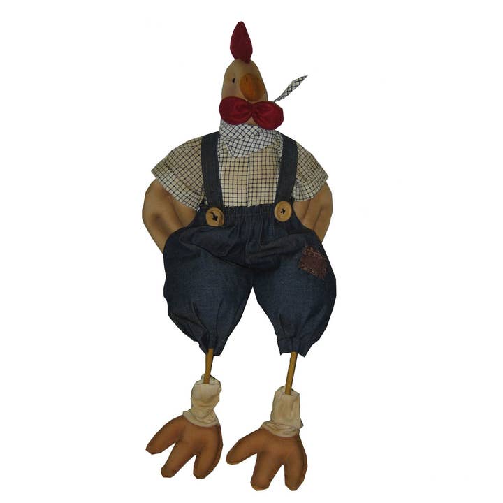 Galo de tecido com camisa quadriculada, cachecol triangular e calça suspensora, sentado - 24" de altura (em pé) por atacado de Birch Maison