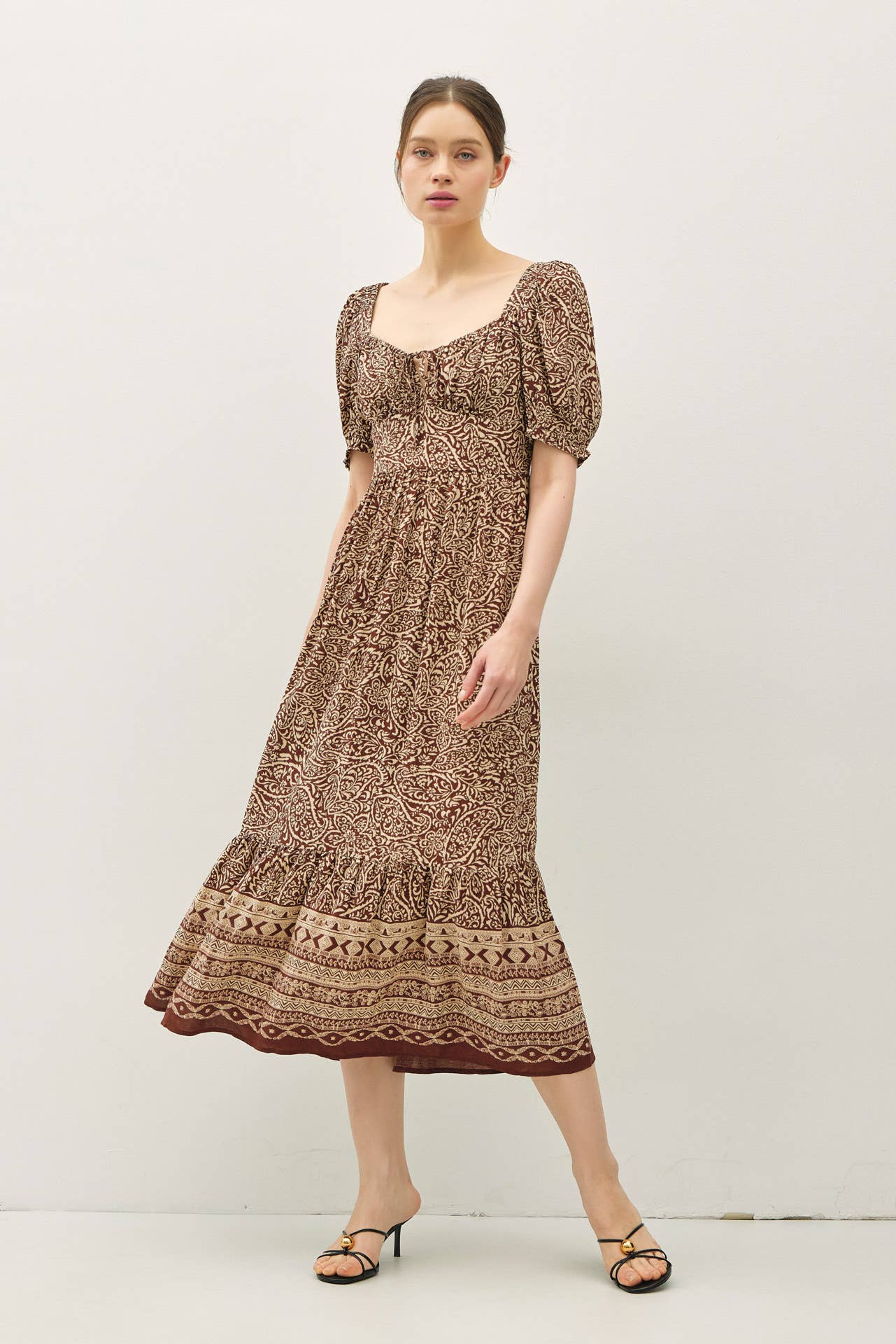 Be Cool - Vente Robe – femme - ROBE MIDI À MANCHES BOUFFANTES AVEC IMPRIMÉ BORDURE CACHEMIRE3