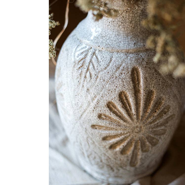Rustic Reach - Wholesale Vase - Carved Floral Vase in White13
