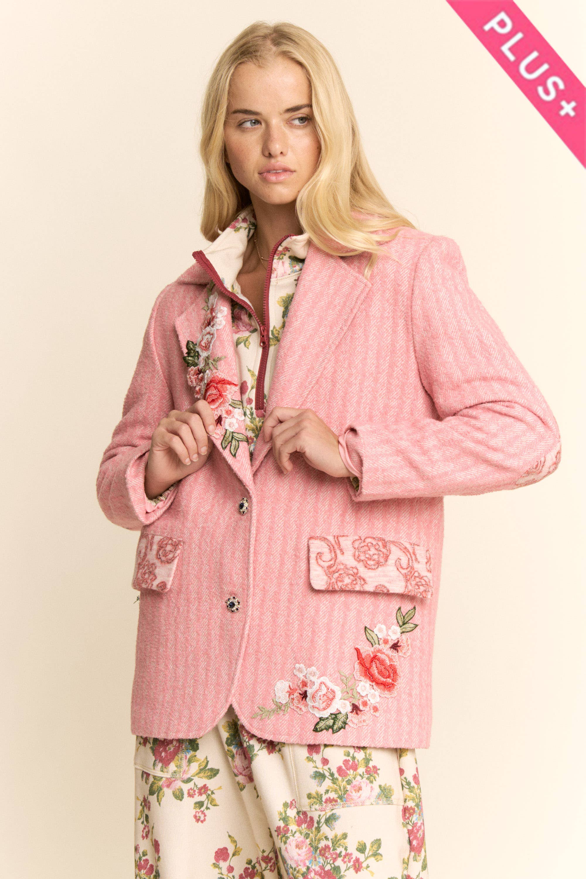 Pink PLUS HARRINGBONE EMBROIDERED EMBROIDERED JAKCET for wholesale on Faire1