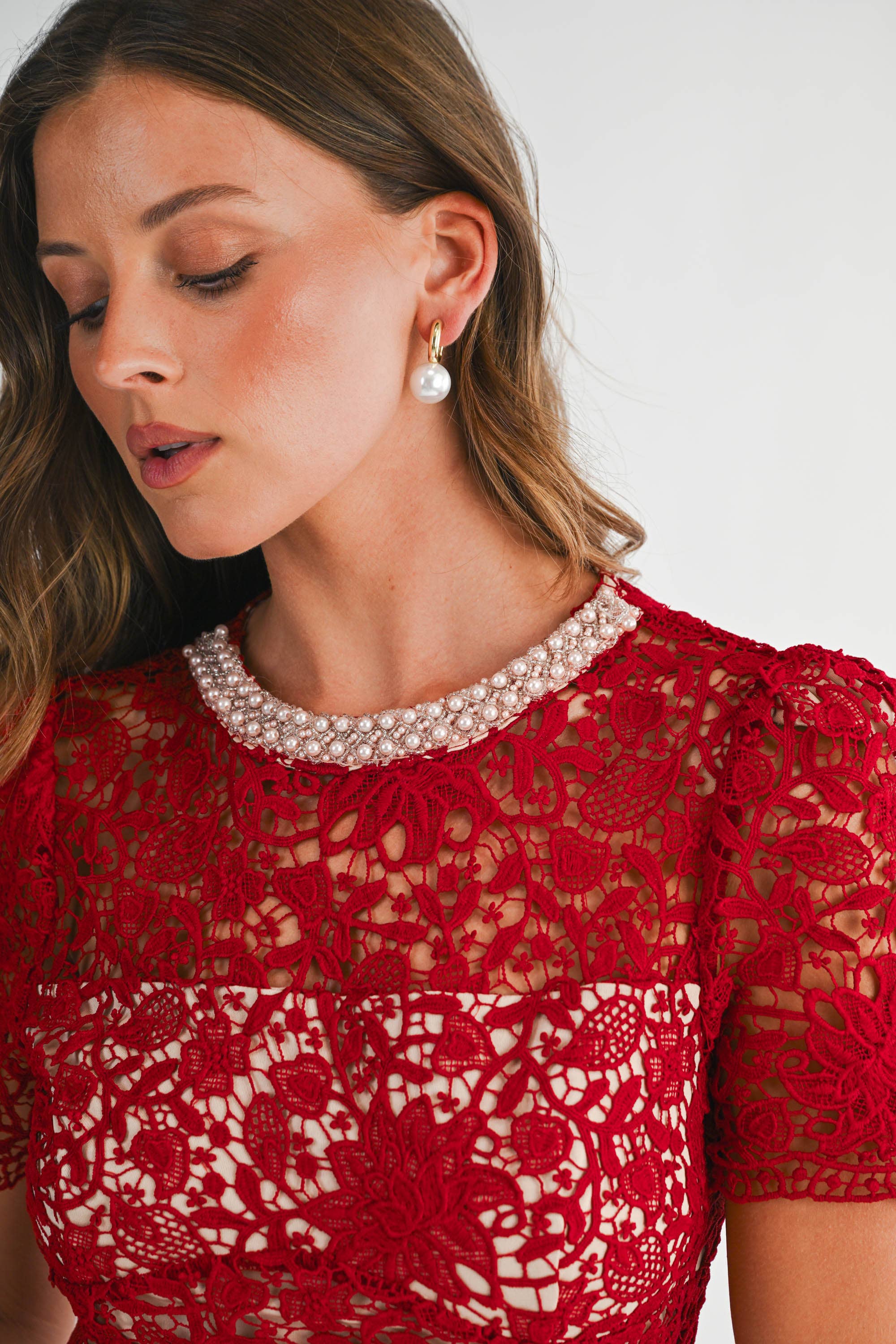 Red YD5057 Embellished Lace Fit & Flare Mini Dress for wholesale on Faire9