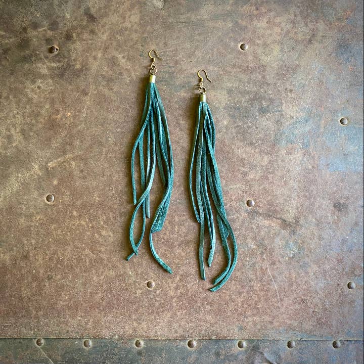 ASTALI - Wholesale Tassel Earrings - Leather Tassel Earrings - Hunter Green, Long Boho Western