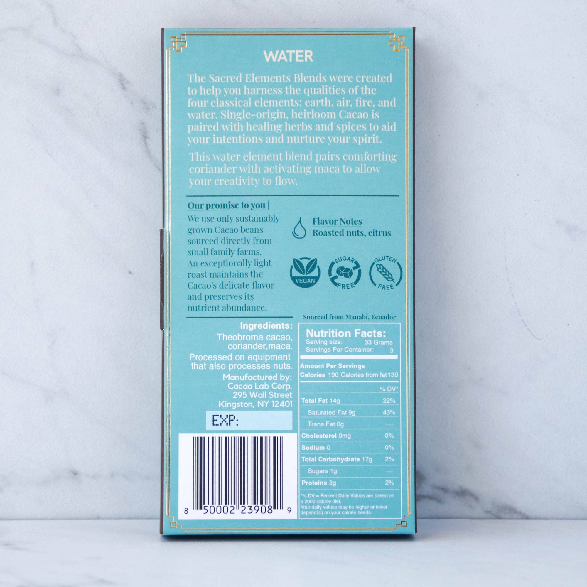 Cacao Lab - Vente Préparations/kits pour chocolat chaud - Cacao de grade cérémonial - Élément Eau avec Coriandre + Maca OG1