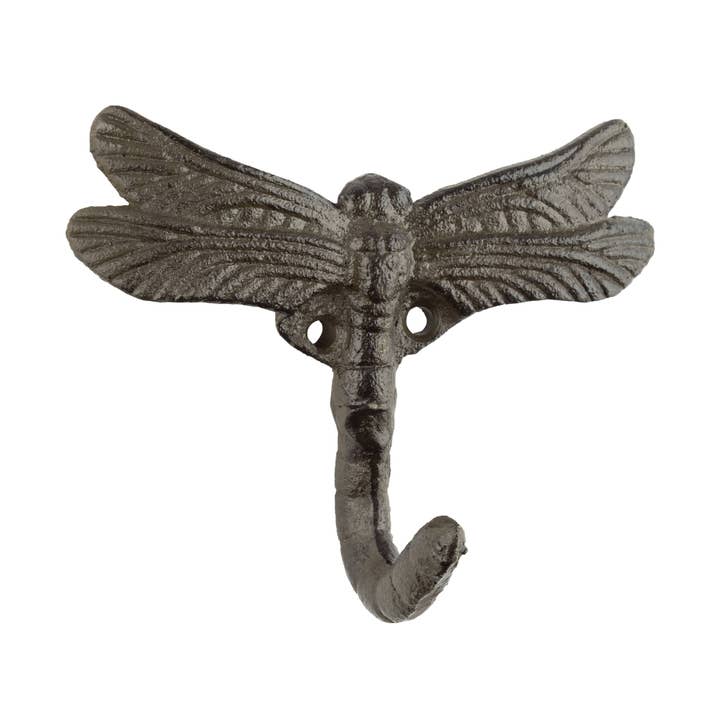 A39035: Cast iron dragonfly hook,detailed wings,4.25in for wholesale by Silver Tree Home & Holiday