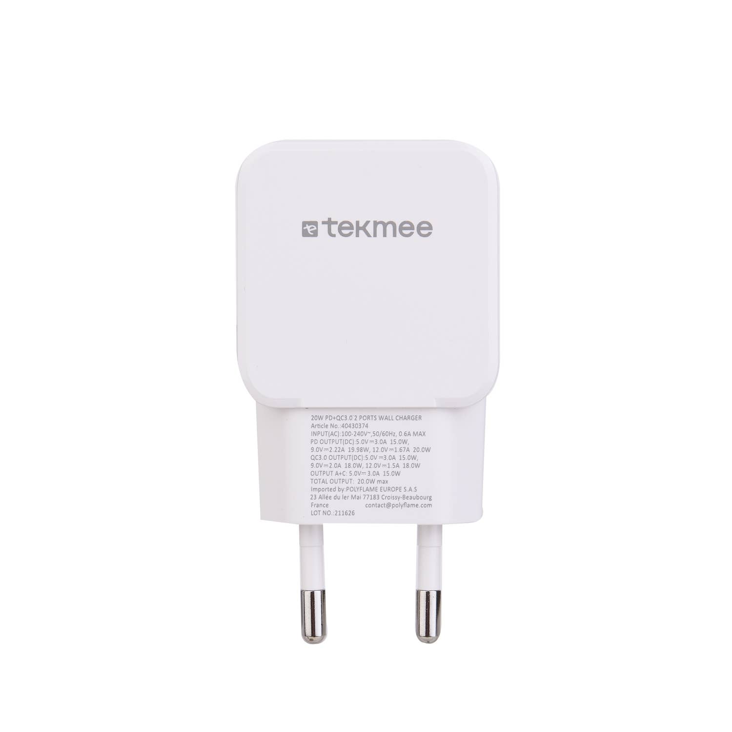 Tekmee - Wholesale Portable Charger - Slim wall charger 2 USB ports & Type C - 20 W5