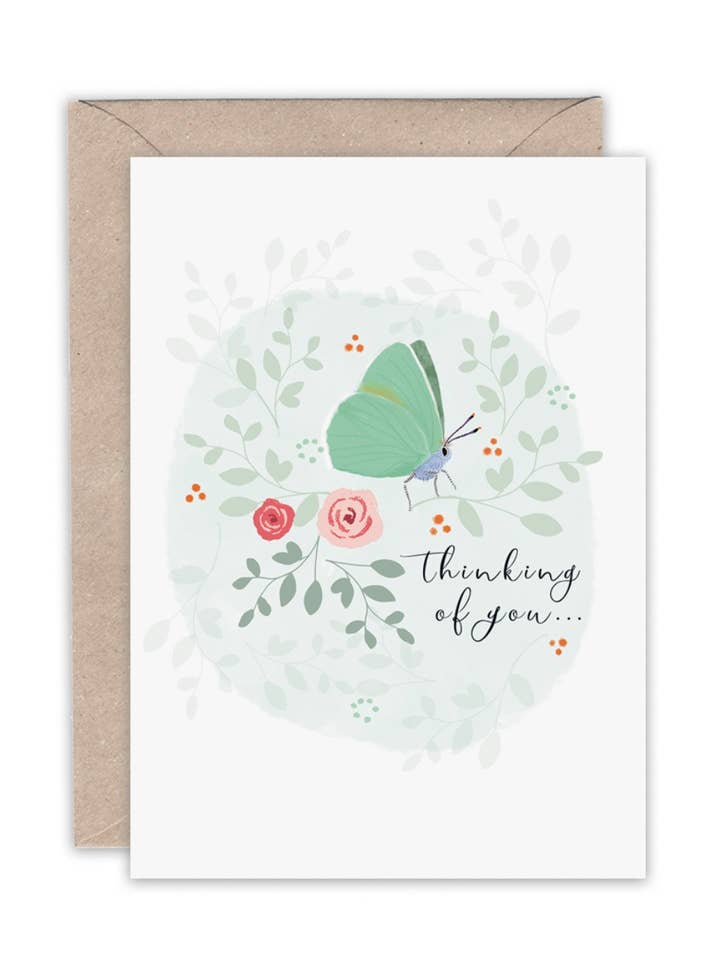 Thinking of You card with a green butterfly for wholesale by Emma Bryan Design