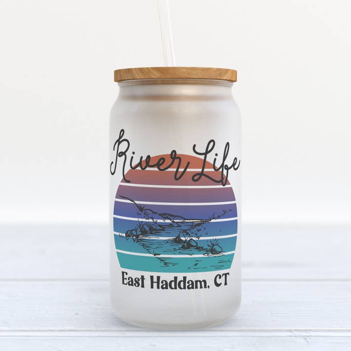 River Life Custom Hometown or City Frosted Glass Can Tumbler for wholesale by Heart & Willow Prints