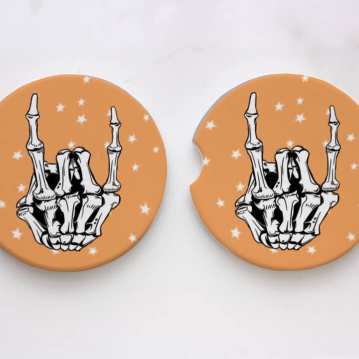 Rock On Skelly Hand Halloween Car Coasters for wholesale by XO Wholesale