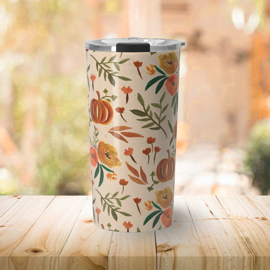 Lauren Ullrich Art - Wholesale Insulated Mug/Tumbler - Floral Fall Pumpkin Travel Mug1