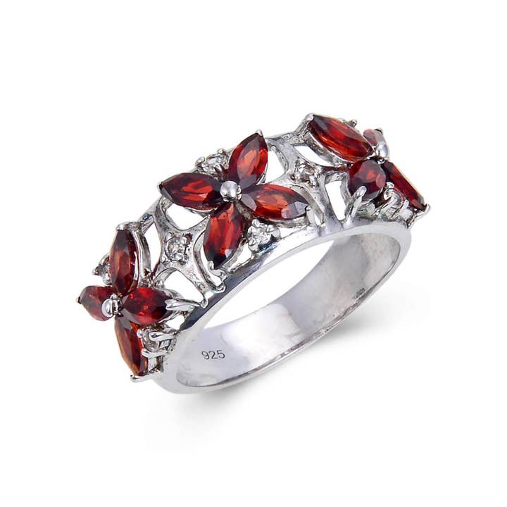FCJ Jewelry LLC - Wholesale Multi-Stone Ring - Sterling Silver Natural Garnet & White Topaz Floral Ring1