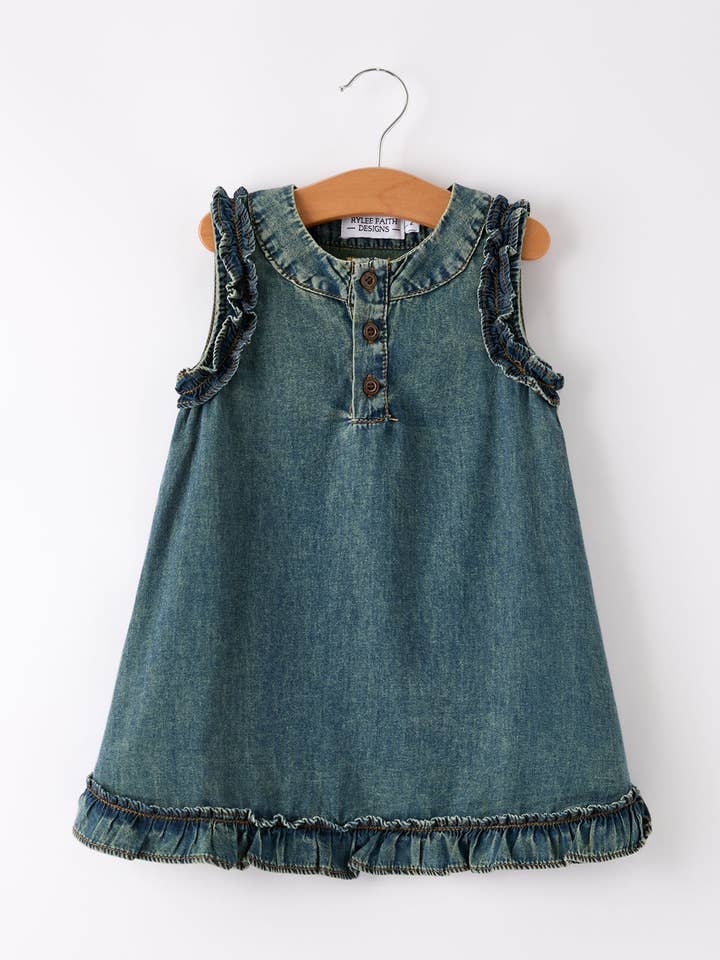 Vintage Denim Ruffle Girls Dress for wholesale by Rylee Faith Designs