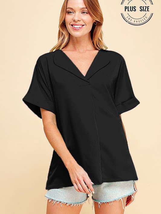 Shopin LA - Wholesale Blouse - Women's - SPT5068P - PLUS SOLID COLLARED SHORT SLEEVE LOOSE BOXY TOP