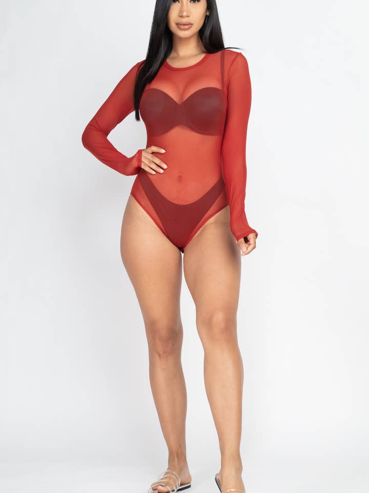 CAPELLA APPAREL - Wholesale Bodysuit - Women's - Mesh Sheer Long Sleeves Bodysuit8