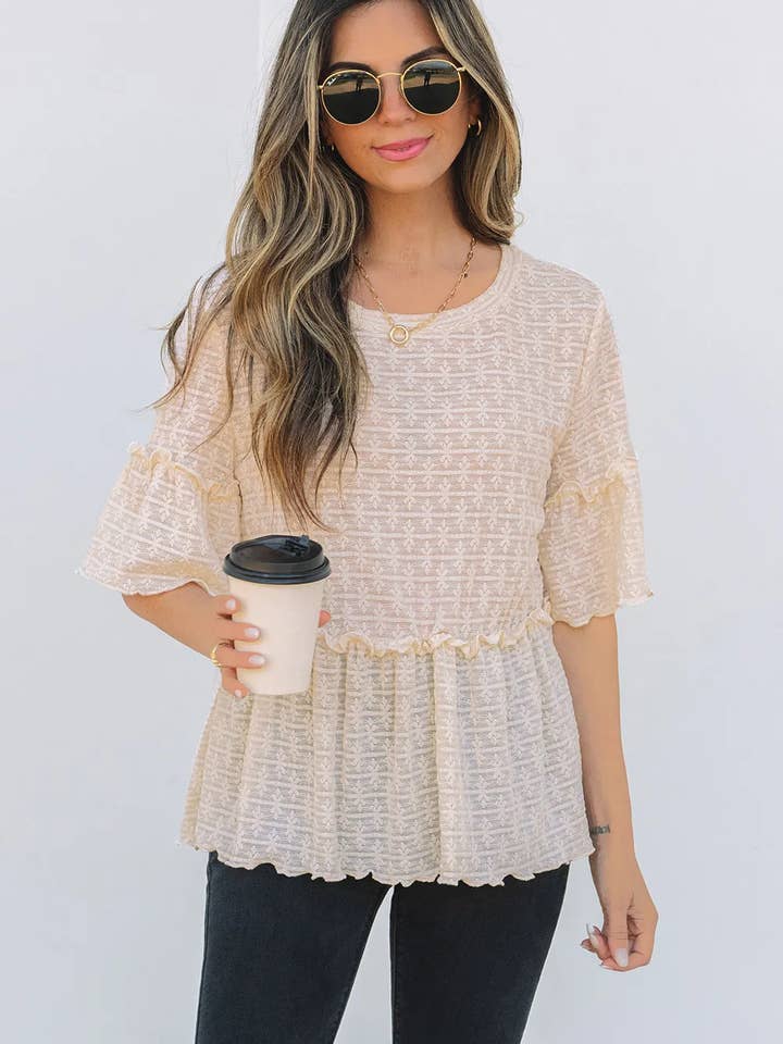 Beige Solid Color Textured Ruffled Short Sleeve Blouse for wholesale on Faire