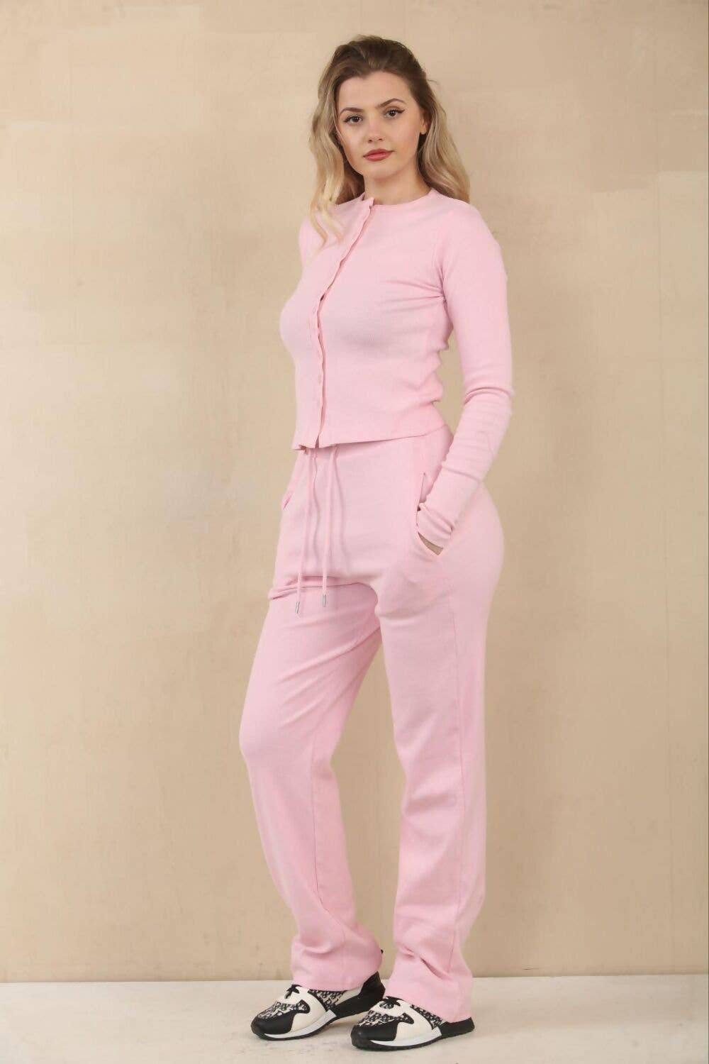 justyouroutfit - Wholesale Lounge Set - Women's - Ribbed Molly Button Through Top and Wide Leg Trousers5