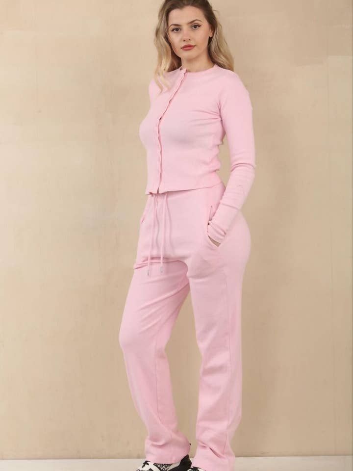 justyouroutfit - Wholesale Lounge Set - Women's - Ribbed Molly Button Through Top and Wide Leg Trousers5