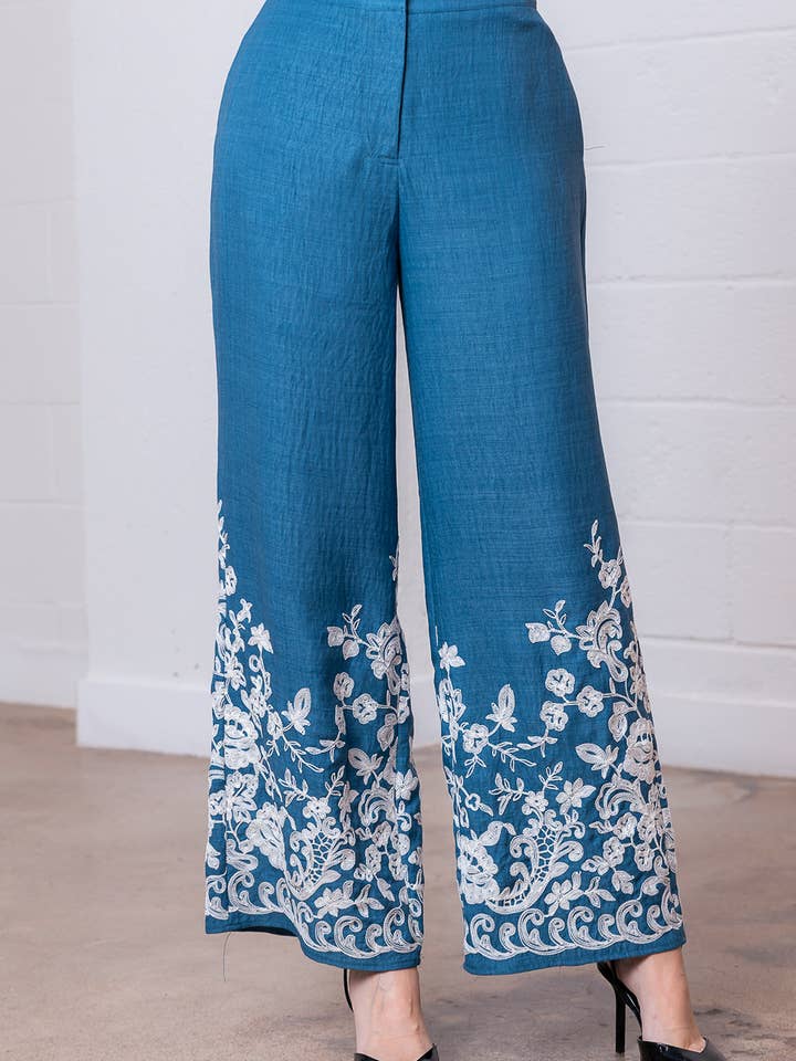 Taelynn - Wholesale Pants - Women's - HP35290T-BOARDER EMBO LONG WIDE PANTS WITH BACK BANDING5