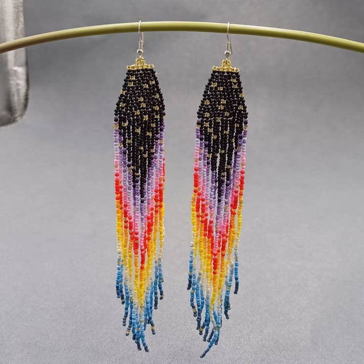Mio Queena - Wholesale Tassel Earrings - Long Bohemian Rainbow Seed Beads Fringe Earrings - BJ/SB