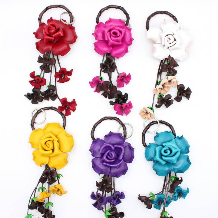 kc007 leather flower key chain bag charm Rose for wholesale by Sunflower Handmade leather inc