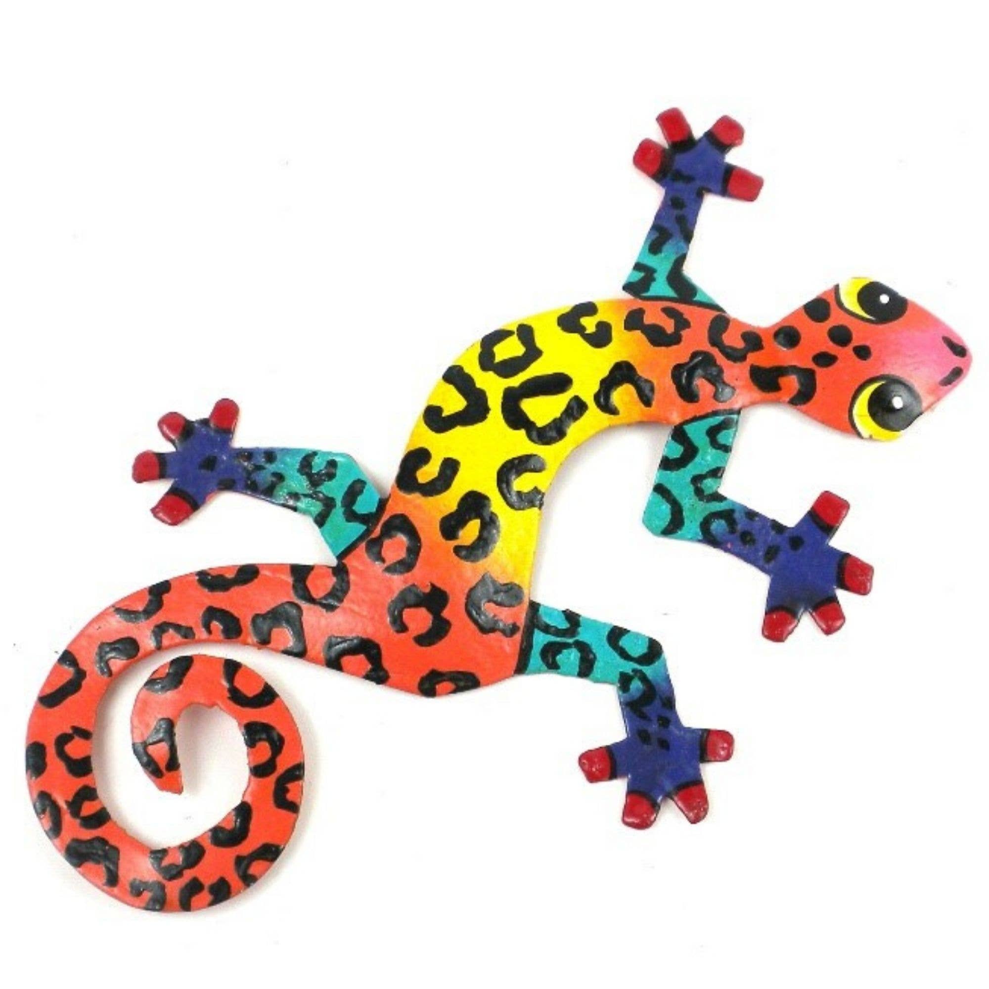 Global Crafts - Wholesale Wall Accent - 8" Painted Metal Drum Art Gecko Wall Hanging, Singe Gecko8