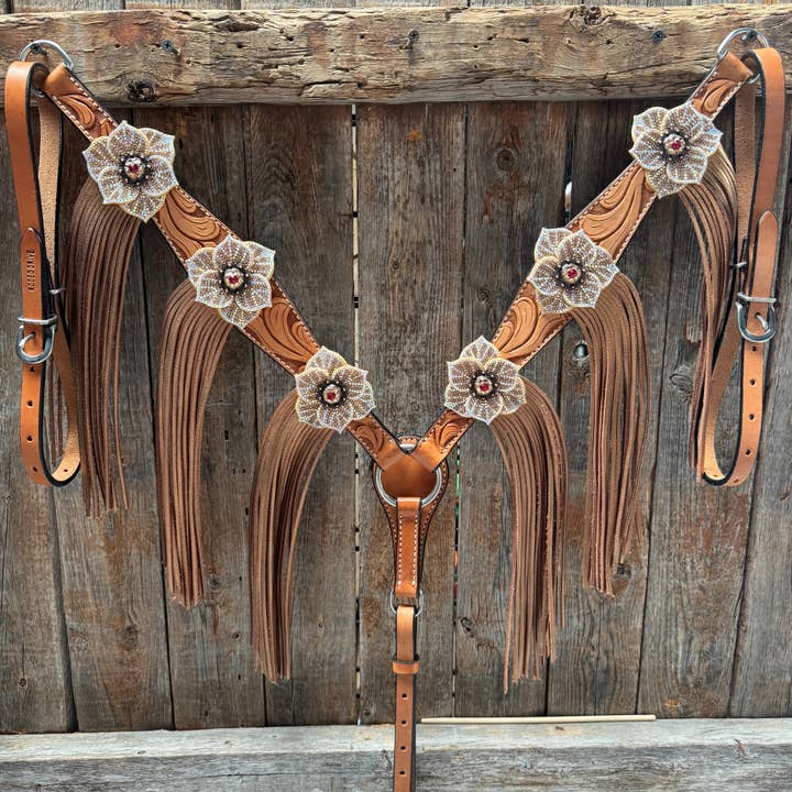 Rodeo Drive - Wholesale Horseback Riding Gear - Light Oil Floral Tooled Ruby and Champagne Browband & Breastcollar Tack Set #BBBC4615