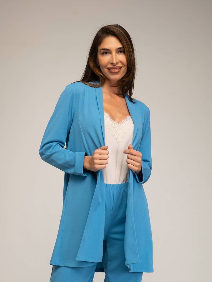 Conjunto de calças retas e blazer azul 3/4 aberto por atacado de Julie d orleac