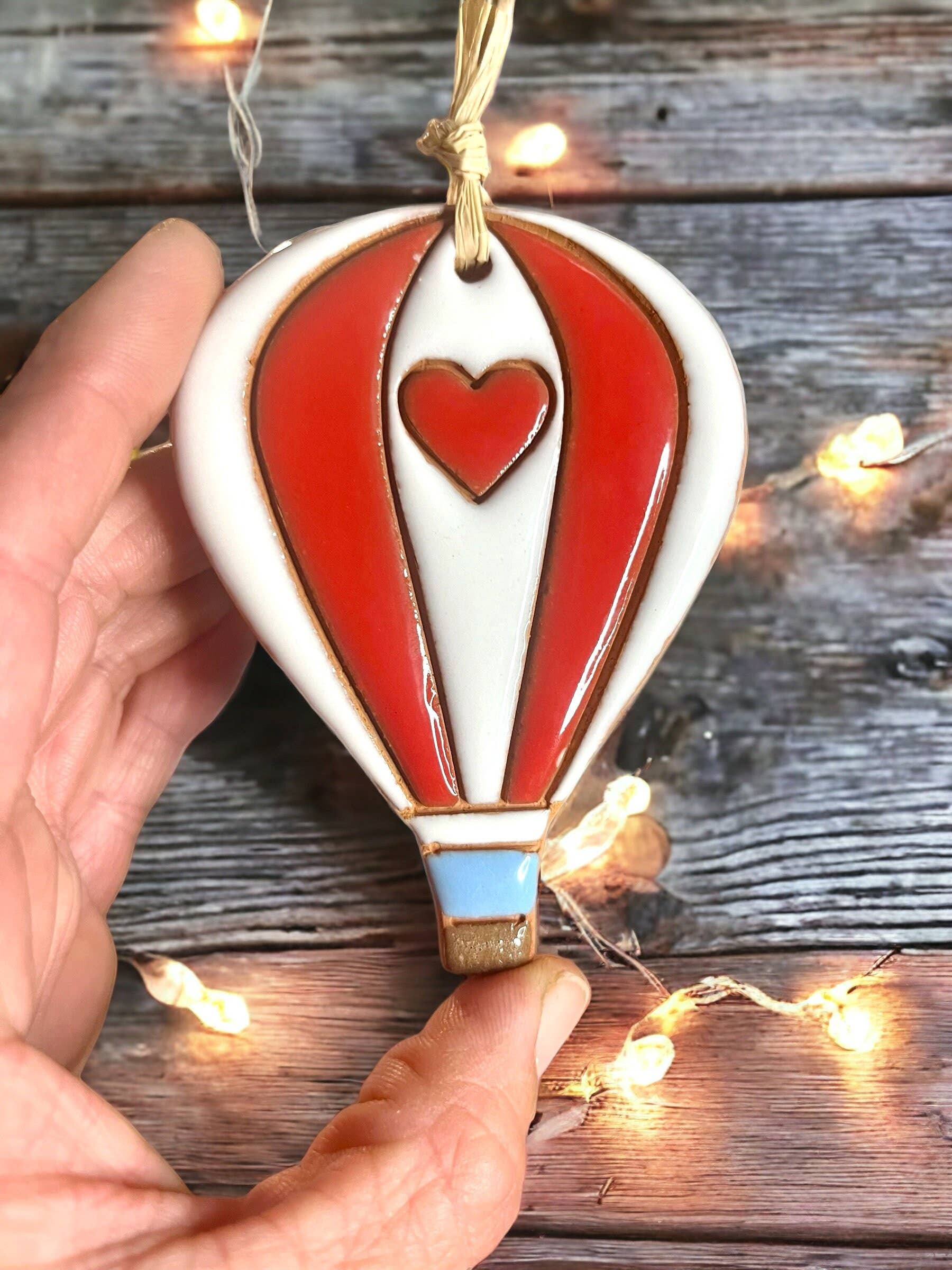 Little Clay Hen - Wholesale Ornament - Hearts & Stripes Hot Air Balloon Artisanally Crafted Ornament2