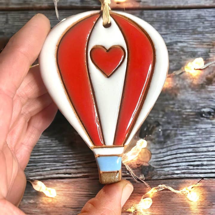 Little Clay Hen - Wholesale Ornament - Hearts & Stripes Hot Air Balloon Artisanally Crafted Ornament2