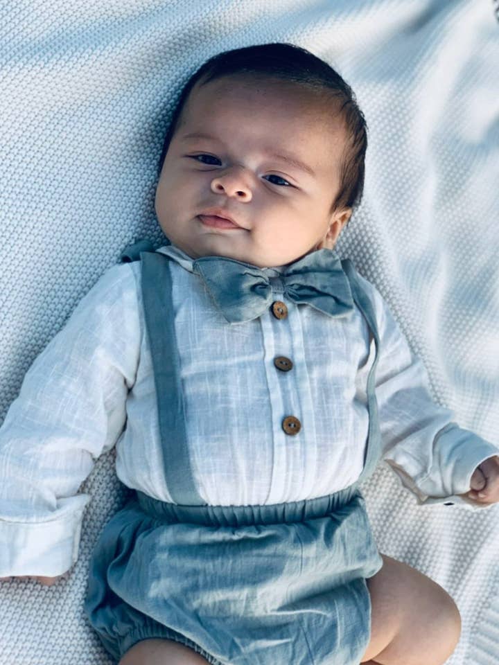 Boys Infant One-Piece Full Sleeves Romper With Attached Bow-Tie - Grey for wholesale by Yo Baby