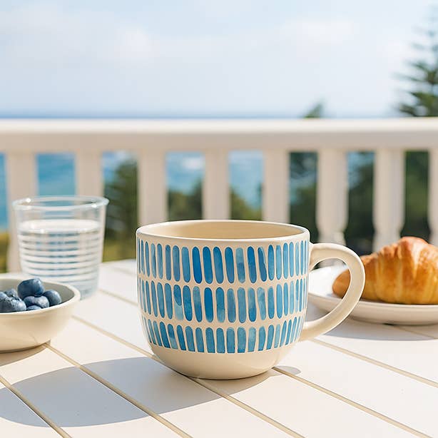 Novastyl - Wholesale Coffee Mug - Jumbo Corfu 58cl in white stoneware with blue stripes1