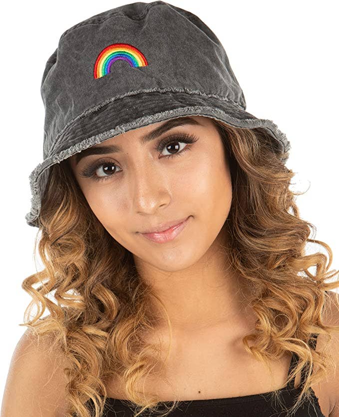 Funky Junque - Wholesale Bucket Hat - Women's - Embroidered Bucket Hat (Rainbow - Black)0