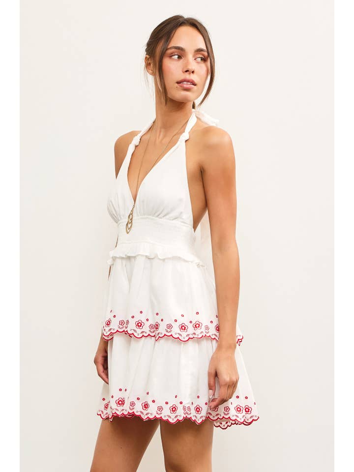 Mustard Seed - Wholesale Dress - Women's - HALTER NECK SMOCKED WAIST EMBROIDERED TIERED DRESS