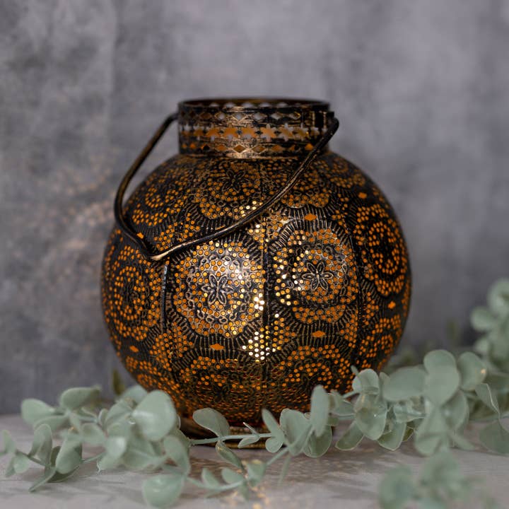 LumaBase - Wholesale Lantern - Battery Operated Bronze Metal Lantern with Cut Out Design