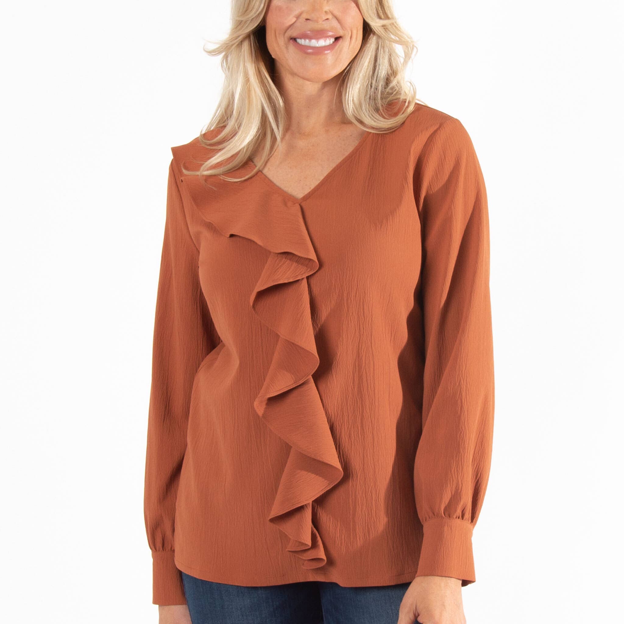 Howard's - Wholesale Blouse - Women's - Sale - Celine Asymmetrical Long Sleeve Ruffle Top0