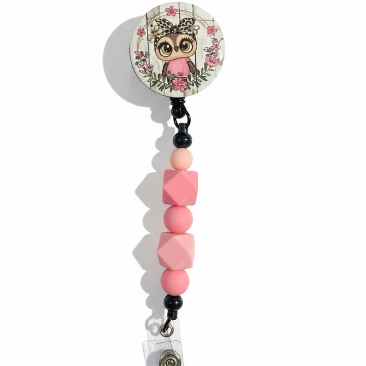 Owl Beaded Badge Reel – Pink Floral Design for wholesale by JAC Wholesale