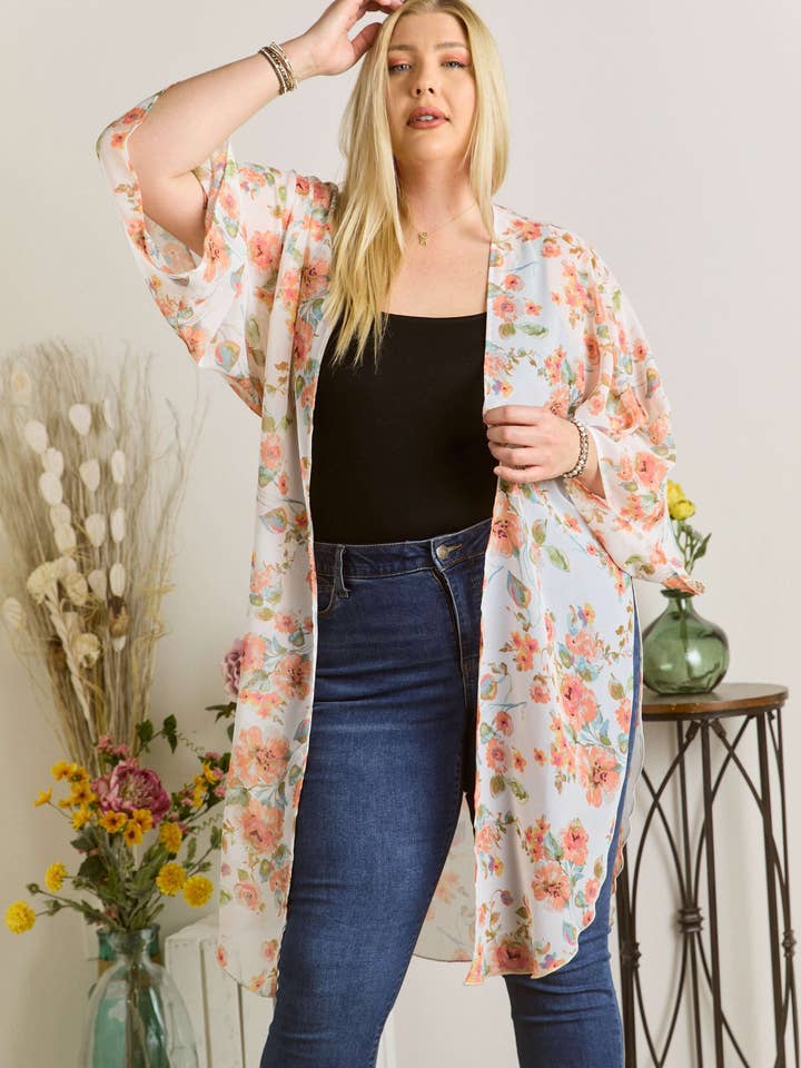 IVORY LYJ11293A9X- PLUS SIZE FLORAL KIMONO CARDIGAN for wholesale on Faire1