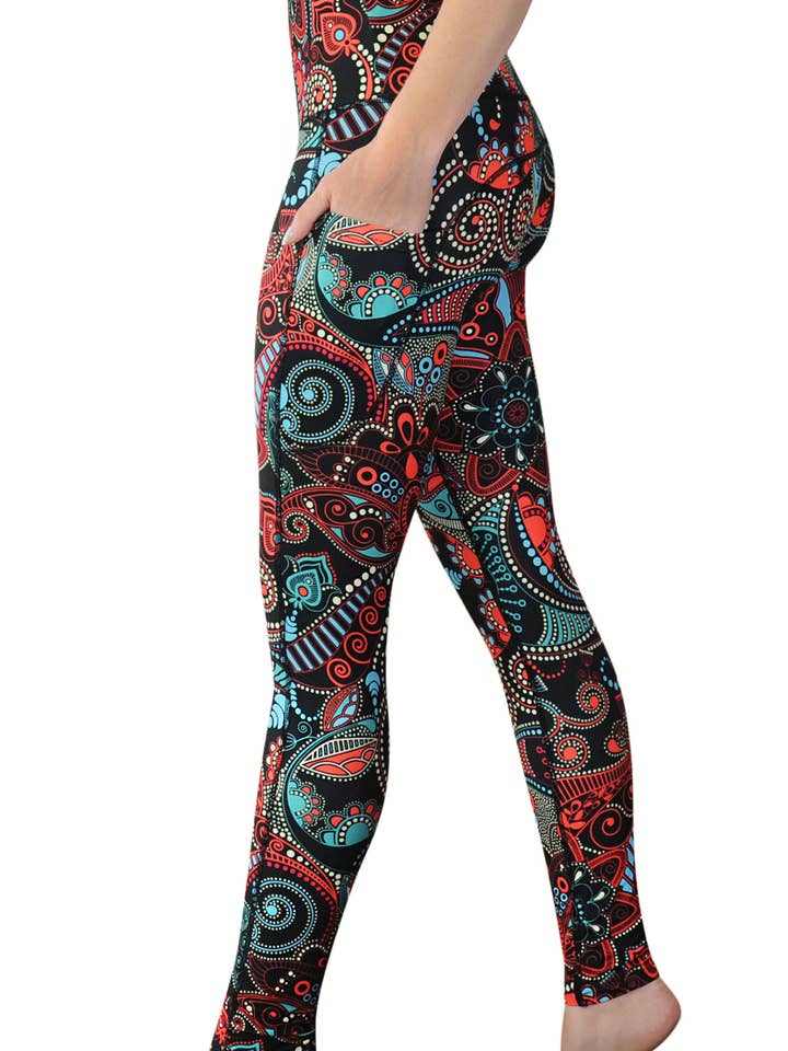 "Wonderland" Printed High Waist Yoga Leggings w Side Pockets for wholesale by Comfy Yoga