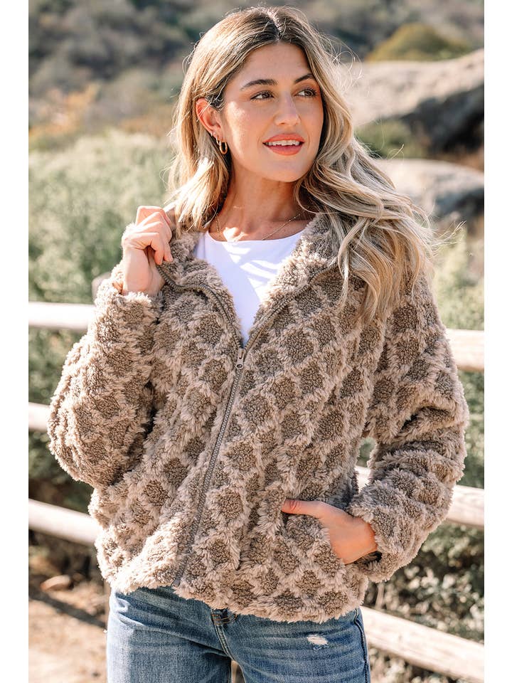 Chestnut Sherpa Rhombus Textured Zip Up Hooded Jacket for wholesale on Faire3