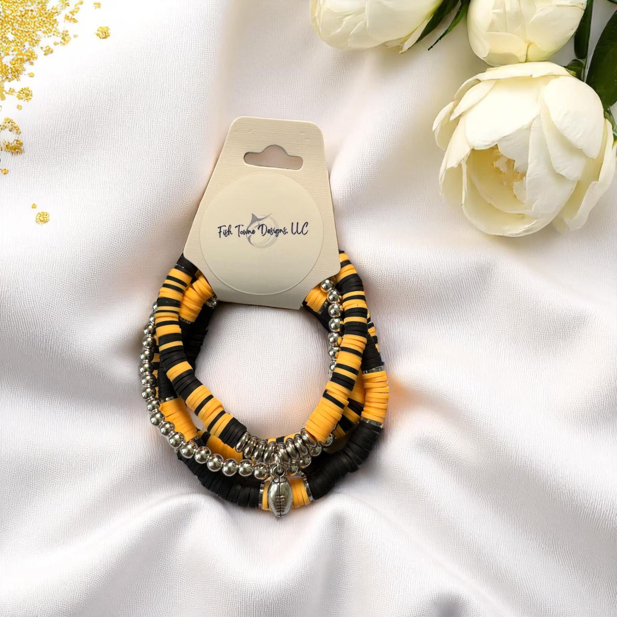 Fish Towne Designs, LLC - Wholesale Jewelry Set - Black and Gold Game Day Bracelet Stack1