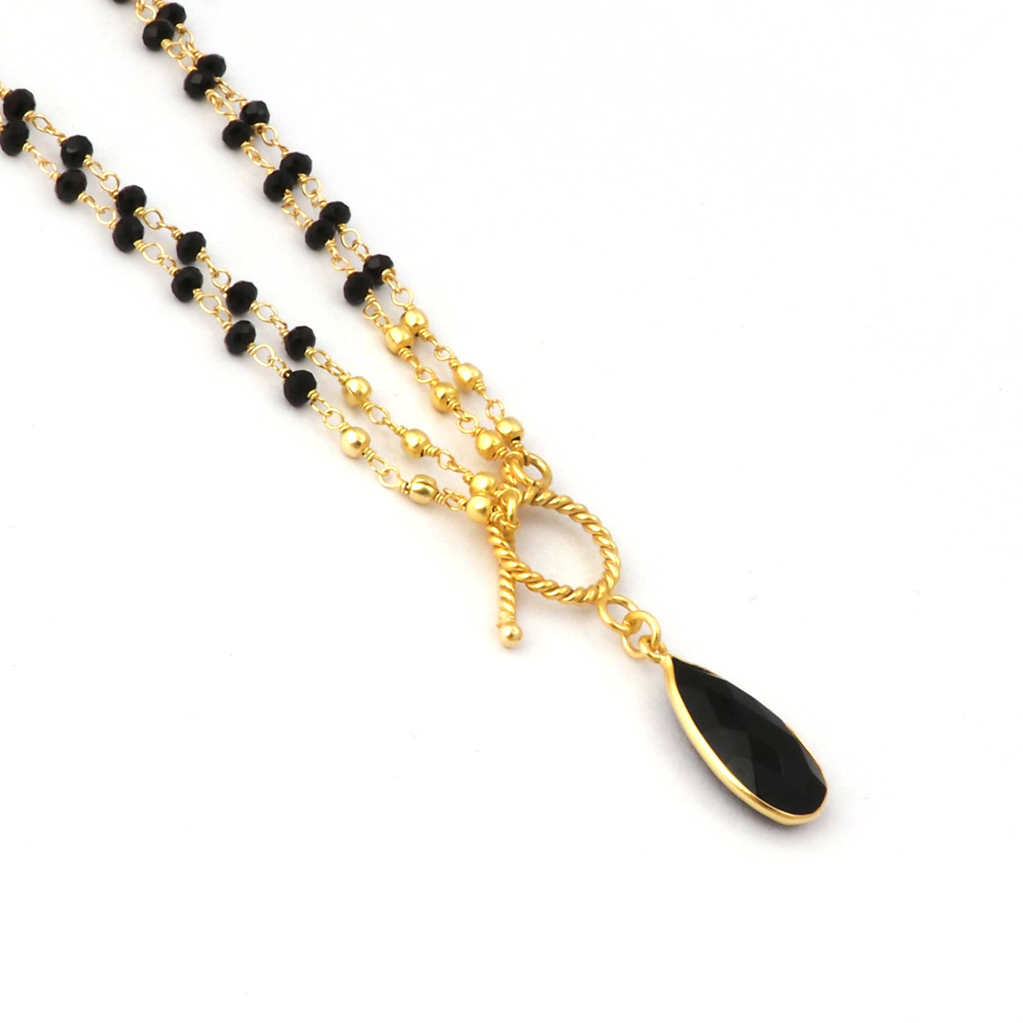 El Joyero - Wholesale Pendant/Charm Necklace - Black Onyx Drop Pendant Gold Plated Beaded Chain Necklace2