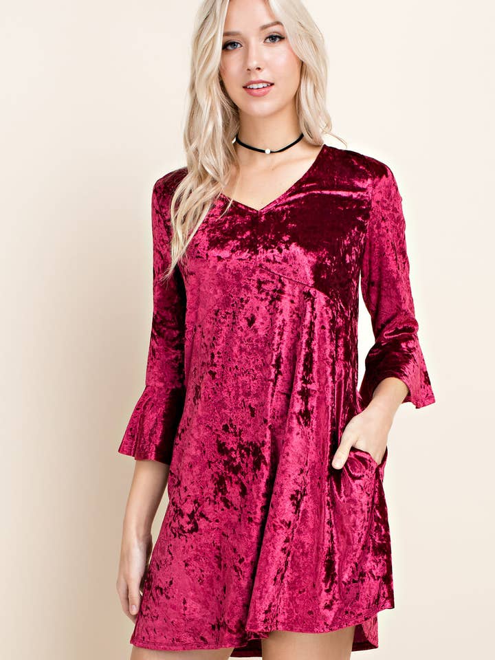 V-Neck 3/4 ruffle sleeve velvet dress with lace up back deta for wholesale by Ambi Design