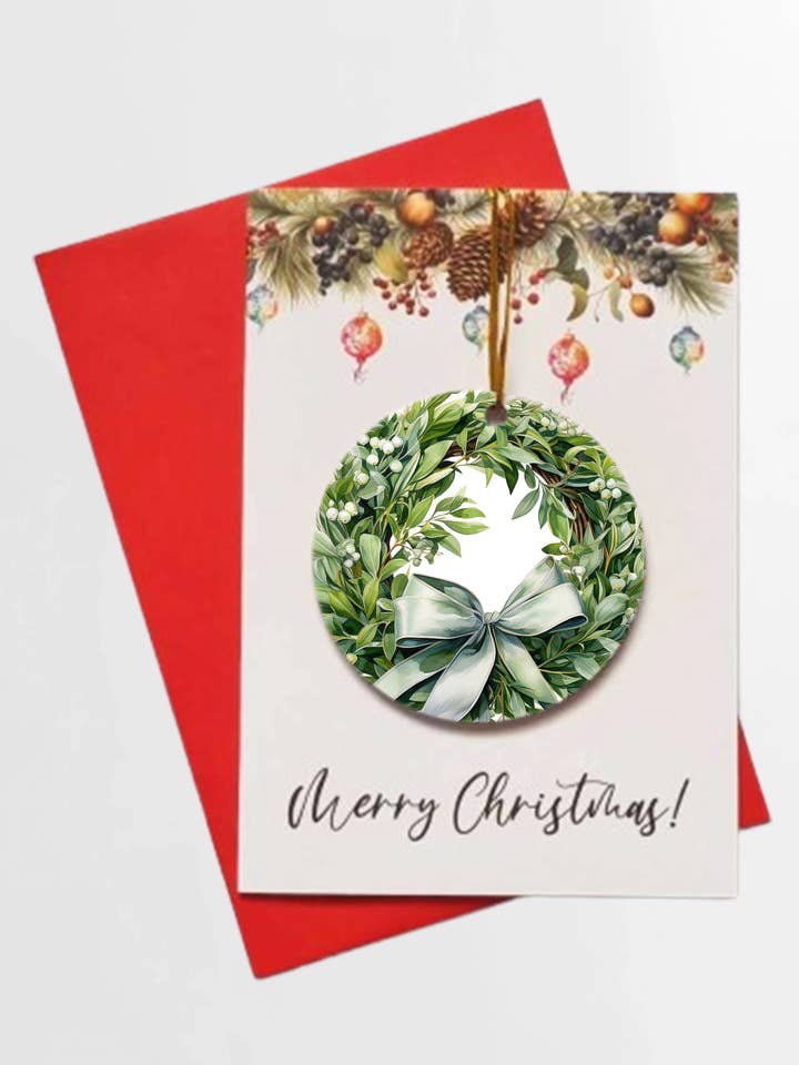 Merry Christmas Mistletoe Wreath Card + DETACHABLE BAUBLE for wholesale by Homemade Hollydays Wholesale