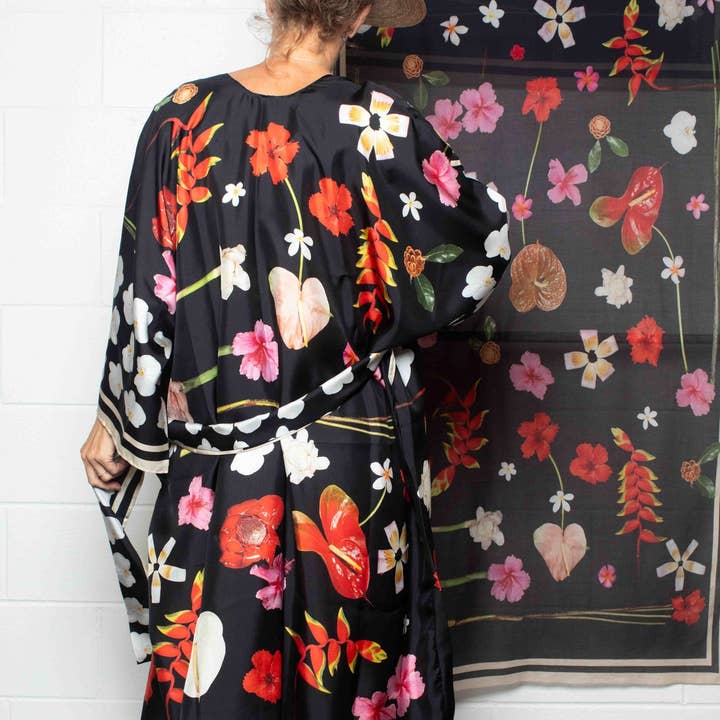 TropiCool - Black - Kimono Silk Robe for wholesale by Lola Pilar Hawaii