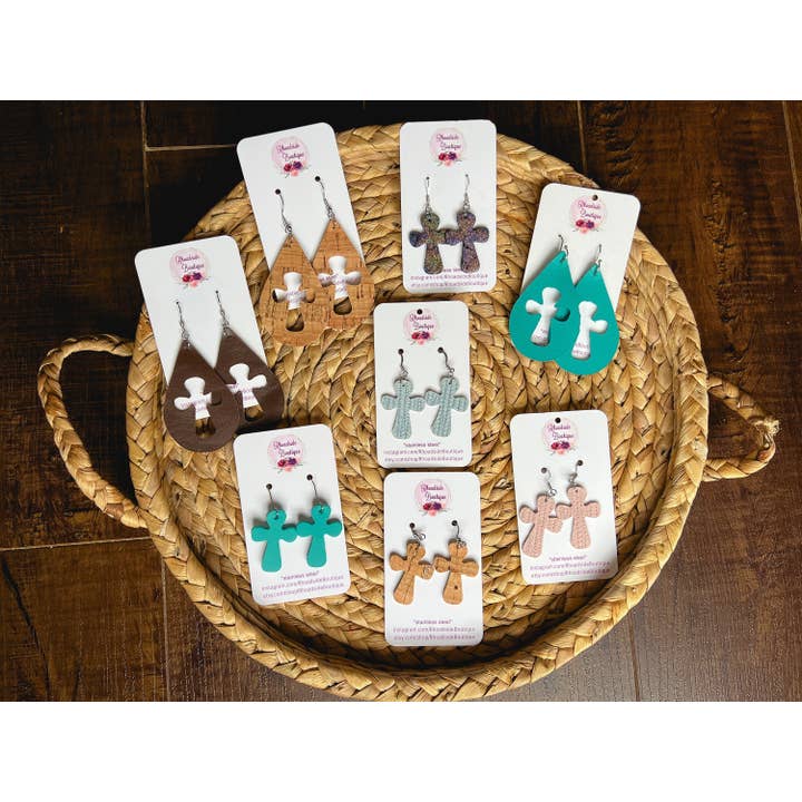 Boho Leather Cross Statement Earrings For Mothers Day/Easter for wholesale by Rhoadside Boutique