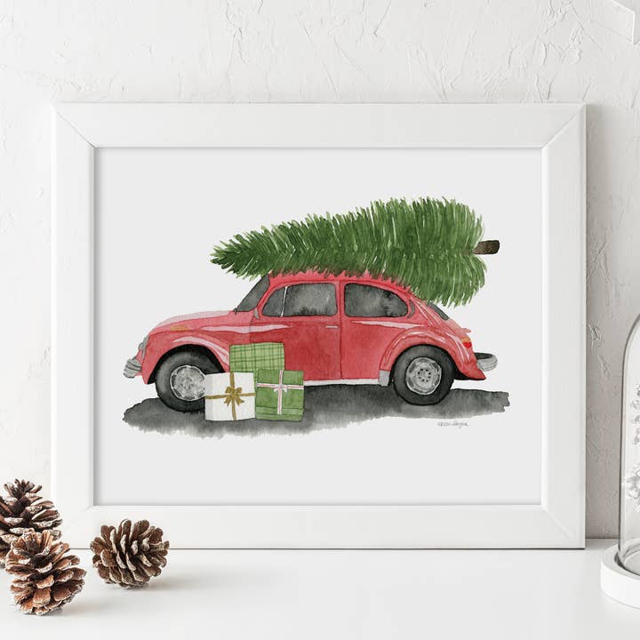 Rød bil juleprint for engroshandel hos Erika Layne Art