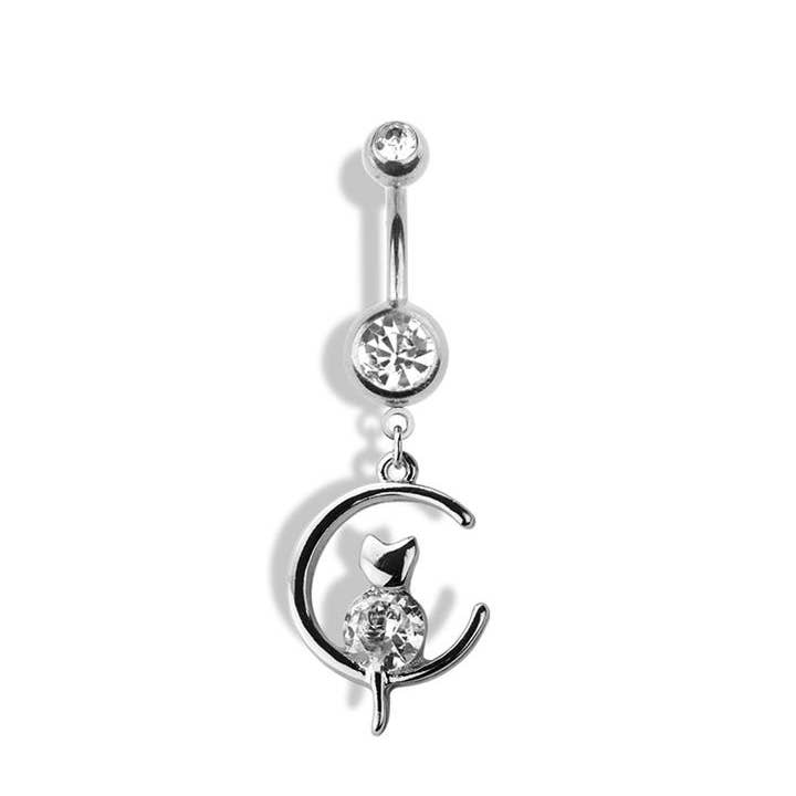 CRAVE – Anel de barriga por atacado – LUA E GATO DANGLE 316L ANEL DE UMBIGO DE AÇO CIRÚRGICO1