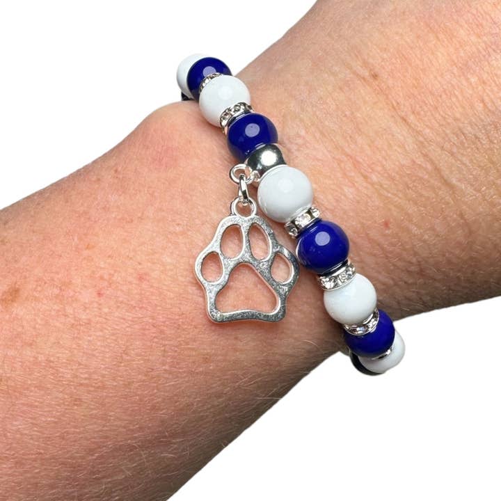 Fish Towne Designs, LLC - Wholesale Beaded Bracelet - Stretch Blue & White Glass Bead Sports Charm Bracelet